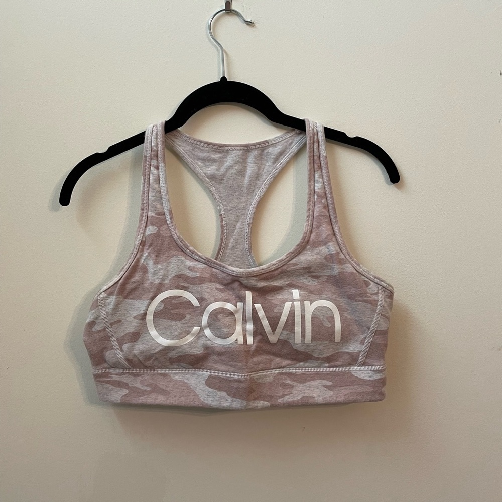 Calvin Klein: Heather Gray and Mauve Camo Sports Bra